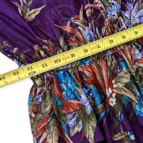 Vintage 70s Peplum Ruffle Dress ~ Botanical Print Sheer Blouson High Collar - Picture 8 of 10